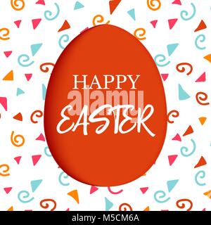 Happy Easter. Decorated red flat egg with simple abstract ornaments. simple pink, orange, red, blue stripes, Spring holiday. Vector Illustration. For  Stock Vector