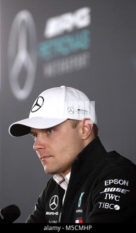 Mercedes Valtteri Bottas attends a press conference during the Mercedes-AMG F1 2018 car launch at Silverstone, Towcester. PRESS ASSOCIATION Photo. Picture date: Thursday February 22, 2018. See PA story AUTO Mercedes. Photo credit should read: Tim Goode/PA Wire. RESTRICTIONS: Editorial use only. Commercial use with prior consent from teams. Stock Photo