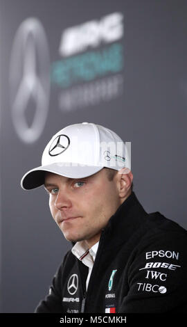 Mercedes Valtteri Bottas attends a press conference during the Mercedes-AMG F1 2018 car launch at Silverstone, Towcester. Stock Photo