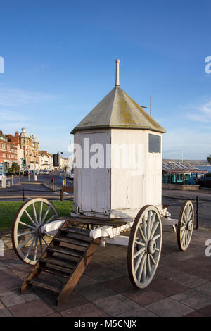 WEYMOUTH, DORSET, UK - DECEMBER 26, 2017. A vintage changing hut, bathing machine, used by swimmers at the seaside during Victorian times. Dorset, Eng Stock Photo