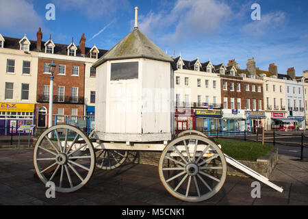 WEYMOUTH, DORSET, UK - DECEMBER 26, 2017. A vintage changing hut, bathing machine, used by swimmers at the seaside during Victorian times. Dorset, Eng Stock Photo