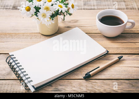Blank empty notebook, wooden background, view from above, space for text Stock Photo