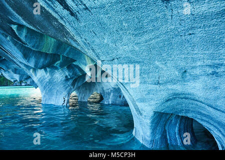 The Marble Caves of Patagonia, Chile. Turquoise colors and splendid shapes create imagery of unearthly beauty carved out by nature. Stock Photo