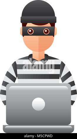 Caucasian hacker thief hacking into a computer. Pop art retro vector ...