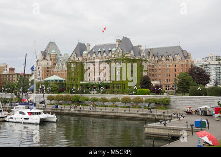 Fairmont Empress Hotel view from Victoria Inner Harbour in Vancouver Island British Columbia. This hotel is one of the luxury accommodations in city. Stock Photo