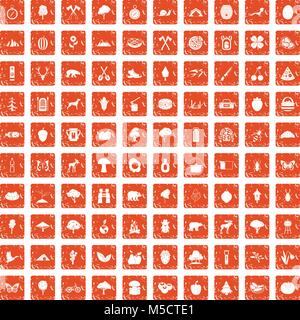 100 camping and nature icons set grunge orange Stock Vector