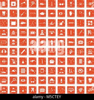 100 care icons set grunge orange Stock Vector