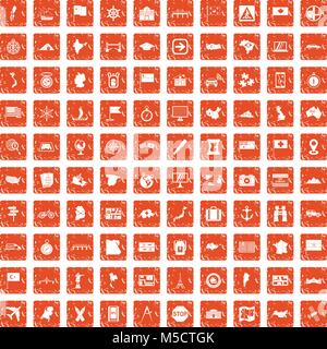 100 cartography icons set grunge orange Stock Vector