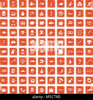 100 cat icons set grunge orange Stock Vector