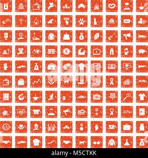 100 charity icons set grunge orange Stock Vector