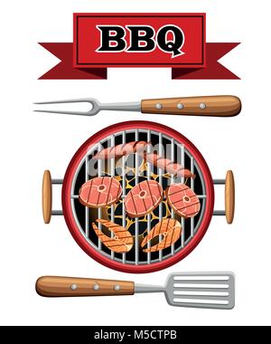 Barbecue design elements grill top view burning coals bbq picnic cooking device with meat fish and sausages vector illustration isolated on white back Stock Vector