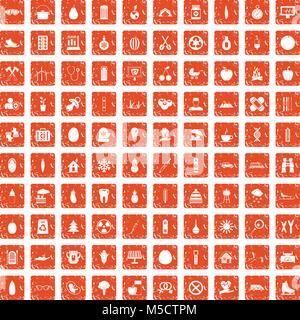 100 child health icons set grunge orange Stock Vector
