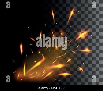 Flame of fire with sparks flying up glowing particles on dark transparent background. Stock Vector