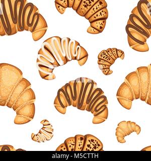 Seamless pattern of croissant with different fillings cream chocolate and sesame on top vector illustration on white background. Stock Vector