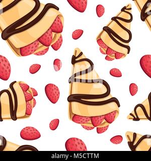 Seamless pattern of crepe with strawberry and chocolate tasty pancakes vector illustration on white background web site page and mobile app design. Stock Vector