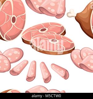 Seamless pattern of Meat product collection sausages smoked meat ham and and sliced pieces flat vector illustration isolated on white background with  Stock Vector