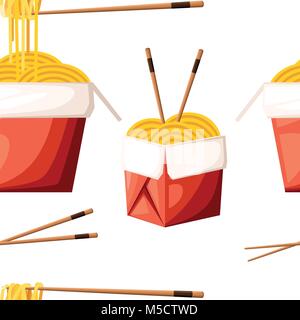 Seamless pattern of chinese restaurant take away red food box with noodles and sticks vector illustration on white background web site page and mobile Stock Vector