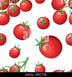 Seamless pattern of fresh cherry tomatoes vegetable from the garden organic food red tomato on green branch vector illustration isolated on white back Stock Vector