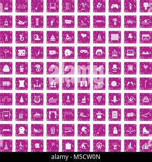 100 amusement icons set grunge pink Stock Vector