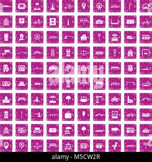 100 city icons set grunge pink Stock Vector