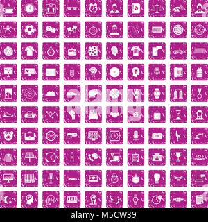 100 clock icons set grunge pink Stock Vector