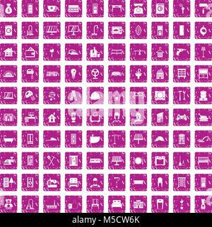 100 comfortable house icons set grunge pink Stock Vector
