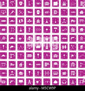 100 construction icons set grunge pink Stock Vector