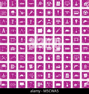100 construction site icons set grunge pink Stock Vector