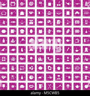 100 cooking icons set grunge pink Stock Vector