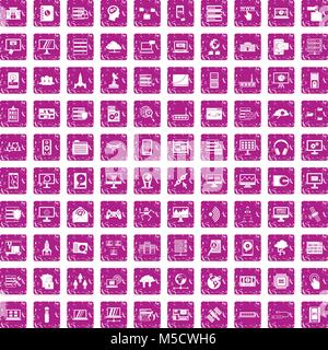 100 database and cloud icons set grunge pink Stock Vector
