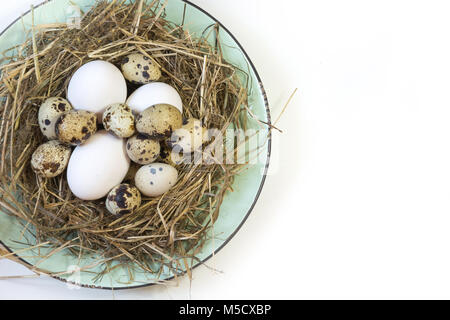 Easter concept. Nest of hay with white chicken and quail eggs in plate on a white background. Top view and copy space. Stock Photo