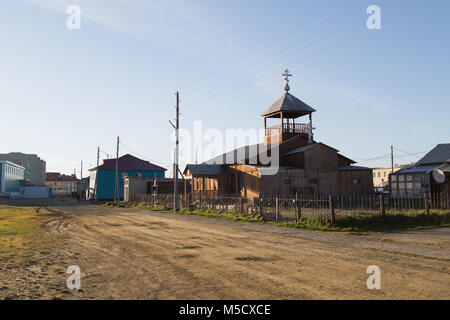 Lavrentiya, Chukotski region, Russia - Settlement Lavrentiya, June 16, 2017: Old wooden Christian church. Stock Photo