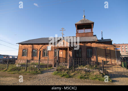 Lavrentiya, Chukotski region, Russia - Settlement Lavrentiya, June 16, 2017: Old wooden Christian church. Stock Photo