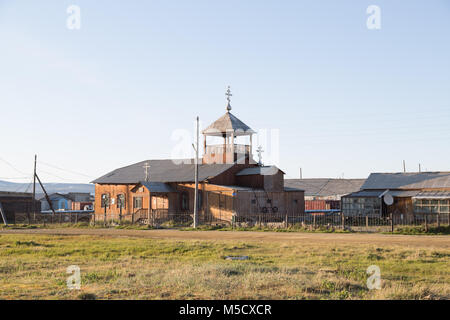 Lavrentiya, Chukotski region, Russia - Settlement Lavrentiya, June 16, 2017: Old wooden Christian church. Stock Photo