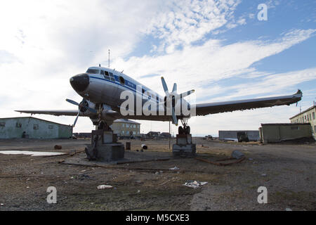 Shmidta, Chukotski region, Russia - Settlement Shmidta, July 5, 2017: The monument of arctic aviation. Stock Photo