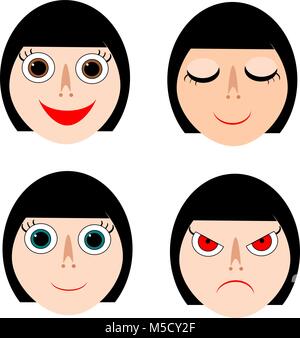 Lady faces in smiling, sleeping, normal, and angry expressions. Vector illustration. Stock Vector