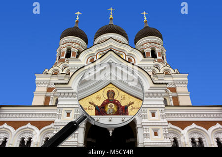 Alexander Nevsky Orthodox cathedral in Tallinn, Estonia, under the magnifying glass highlighting the beautiful mosaic on the facade Stock Photo