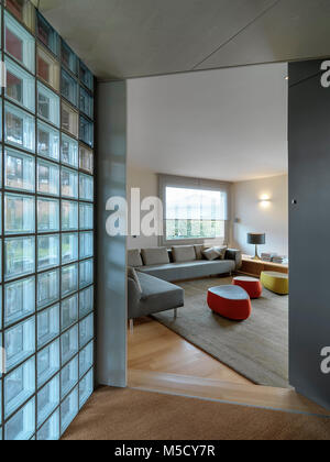 interiors shots of a modern living room with wooden flooring and the carpet in the foreground the wall made of glass block Stock Photo