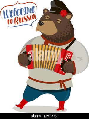 Russian fun bear playing accordion. Welcome to Russia, banner. Cartoon vector illustration Stock Vector