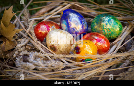 Six colorful painted Easter eggs in a nest Stock Photo