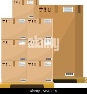 Different Boxes on wooded pallet vector illustration, flat and solid style warehouse cardboard parcel boxes stack front view. Stock Vector