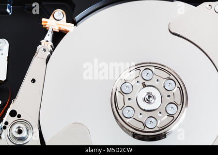 top view of open internal 3.5-inch sata hard disk drive close up Stock Photo
