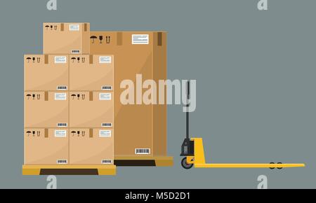 Different Boxes on wooded pallet vector illustration, flat and solid style warehouse cardboard parcel boxes stack front view. Stock Vector
