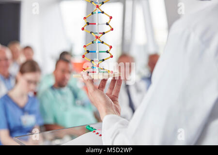 Scientist holding helix model in conference