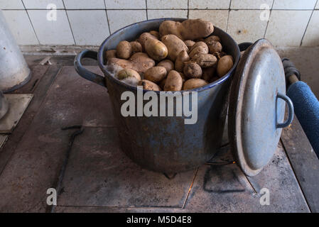 Potatoes in a pot for cattle feed on an old kitchen stove, woodstove, Bavaria, Germany Stock Photo