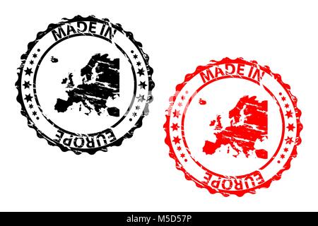 Made in Europe - rubber stamp - vector - Europe continent map pattern - black and red Stock Vector