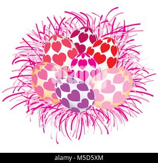 Colorful Easter eggs with hearts pattern on white background Stock Vector