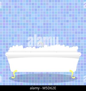 Retro White Bathtub with Foam on Blue Mosaic Wall Background Stock Vector