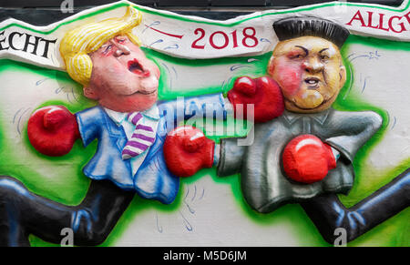 US President Donald Trump boxing versus North Korean President Kim Jong-un, political caricature, motto caravan during Carnival Stock Photo