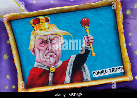 US President Donald Trump as king with scepter in a picture frame, political caricature, motto caravan, motto caravan Carnival Stock Photo